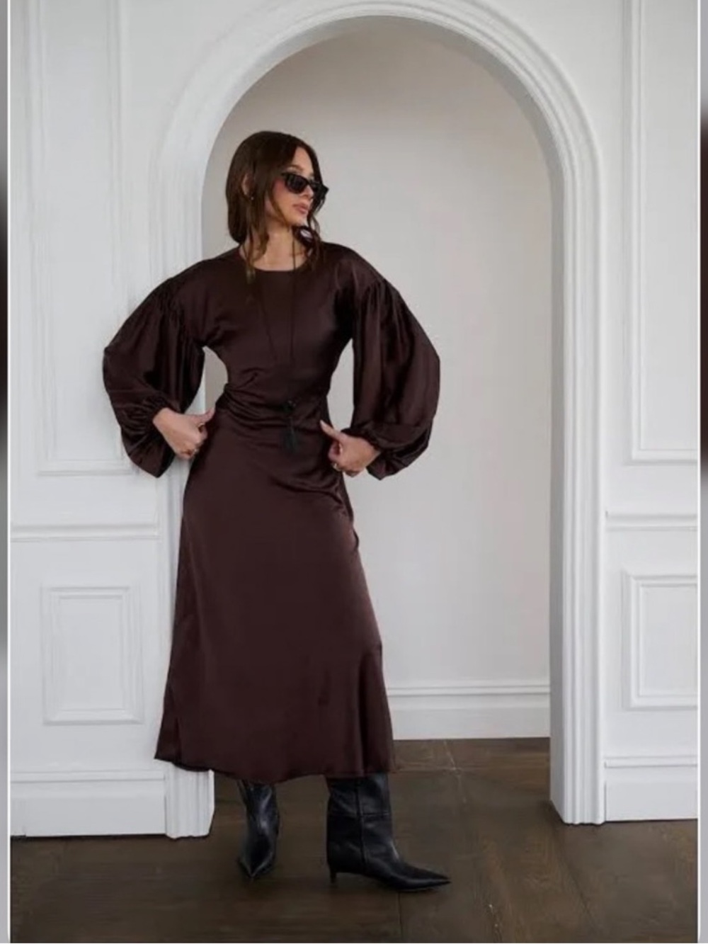 WeWoreWhat Brown Satin Balloon-Sleeve Maxi Dress